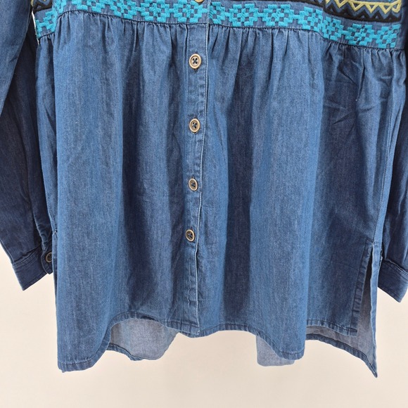 Roper Womens Embroidered Denim Tunic Shirt Blue Cactus Aztec Sz M Boho Western - Picture 3 of 13